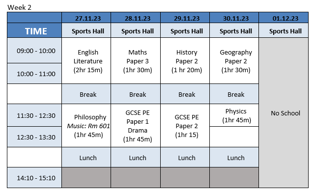 Year 11 Week 2 Timetable