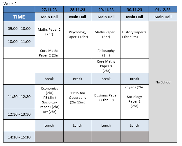 Year 13 Week 2 Timetable